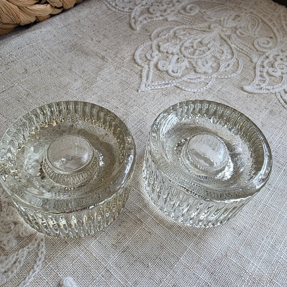Taper Candle Holders Clear Ribbed Glass MCM Brutalist Set of 2 Minimalist